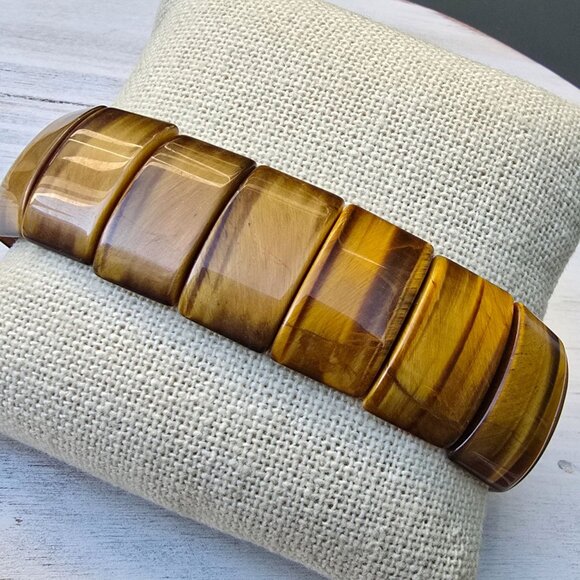 South African ✦ Yellow Tiger’s Eye Bracelet ✦ 437ct Stretch Gemstone Polished - Picture 7 of 9